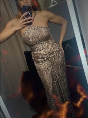 LUXXEL Metallic Snake Print Ruched Maxi Dress Gold Bronze Size Medium NWT